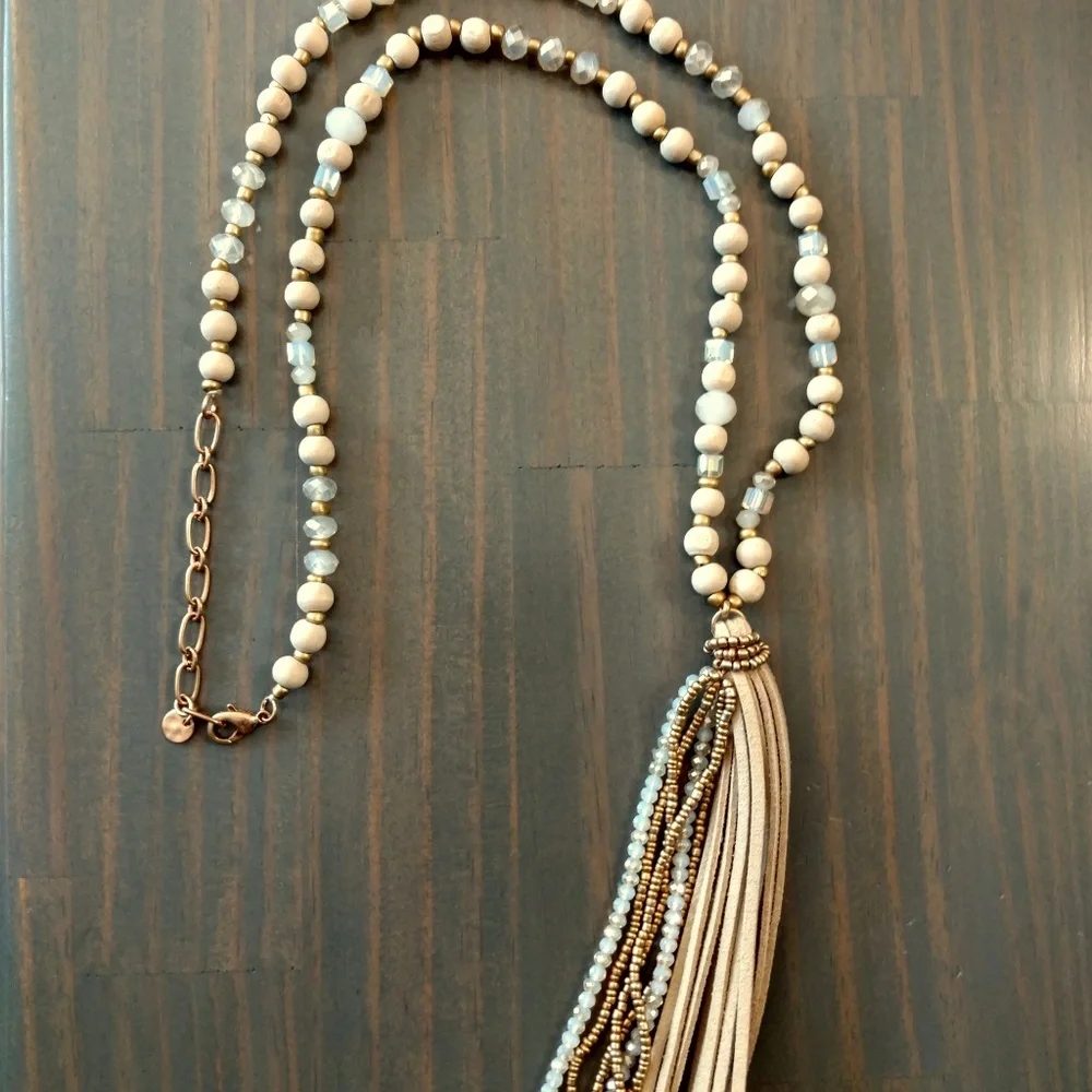 Wood, bead, crystal, and suede tassel necklace